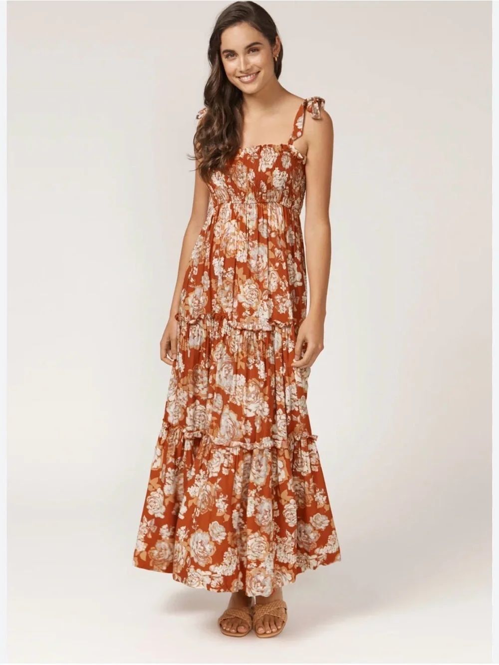 0201 House of Harlow 1960 Rust Floral Tie-Shoulder Maxi Dress
